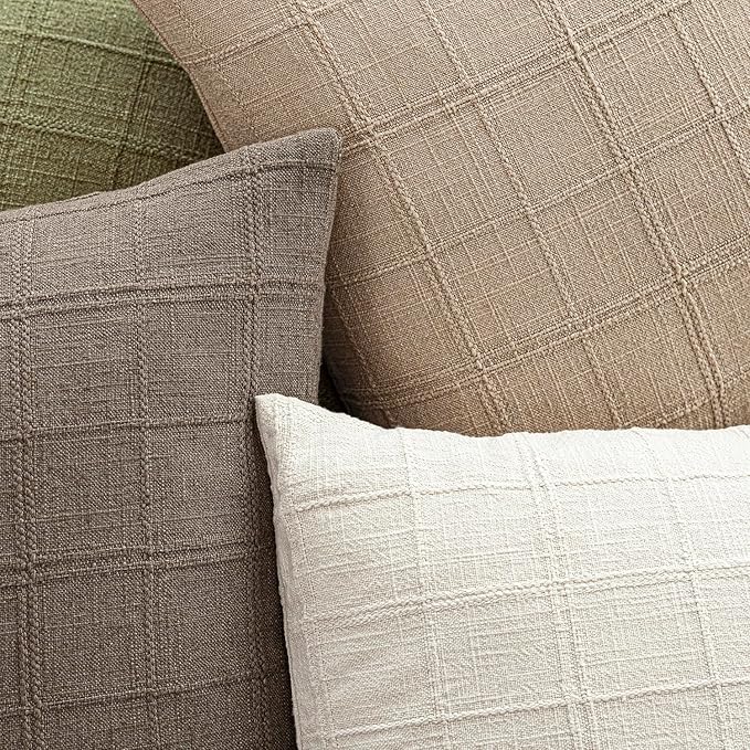 Foindtower Set of 2 Decorative Linen Check Throw Pillow Covers Neutral Farmhouse Vintage Cushion Covers Modern Coastal Boho Home Decor for Sofa Chair Couch Bedroom Living Room,26×26 Inch,Camel