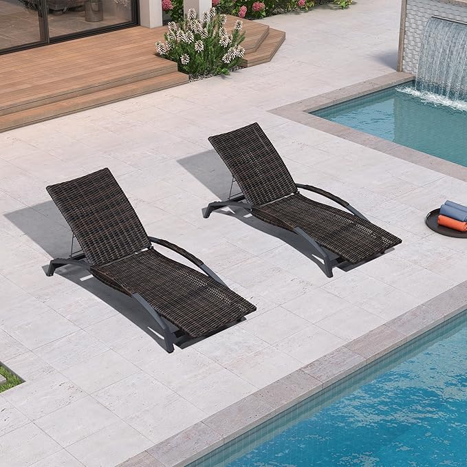 PURPLE LEAF Patio Chaise Lounge Chair Set of 2 Wicker Tanning Outdoor Pool Adjustable Recliner Chair for Outside Beach Poolside Sunbathing Lounger Dark Brown