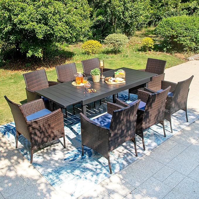 Sophia & William 9 Pieces Expandable Patio Dining Set for 8, Metal Patio Table and Wicker Chairs Set, Rectangular Outdoor Table and Rattan Chairs, All Weather Outdoor Dining Set for Outside