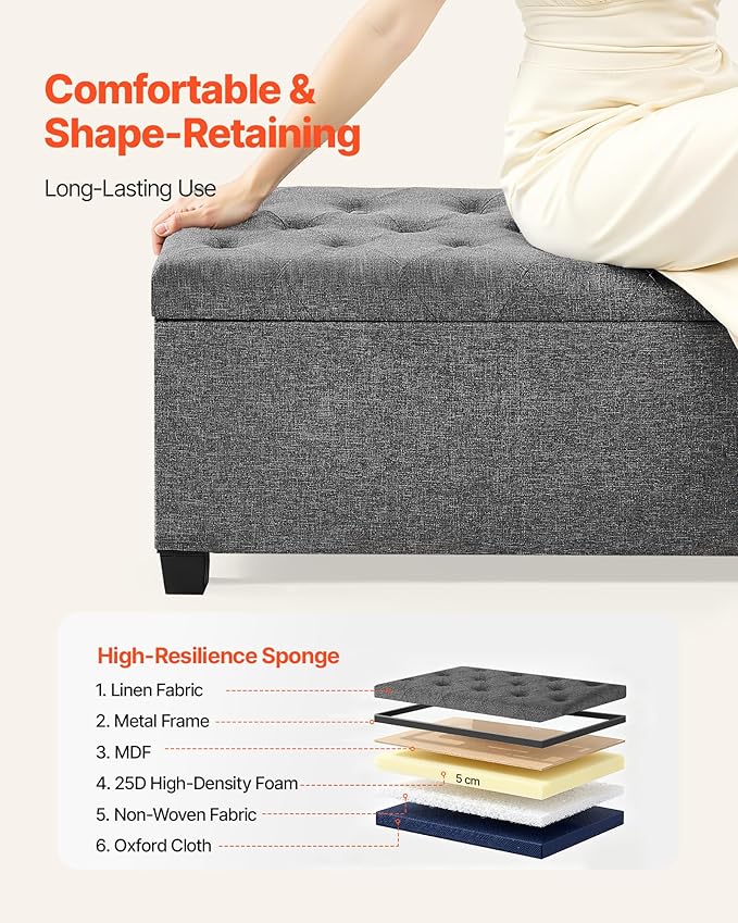 VEVOR Storage Ottoman Bench, End of Bed Bench with 2 Side Bags, Fabric Upholstered with Metal Frame, Toy Box Storage, Bed Benches for Foot of Bed, Bench for Entryway, Living Room, Playroom, Gray