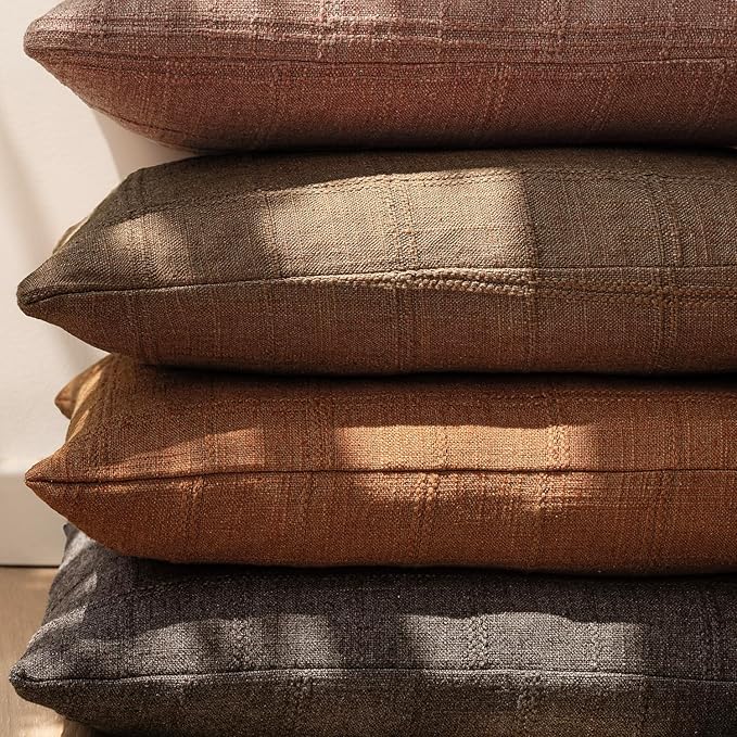 Foindtower Set of 2 Decorative Linen Check Throw Pillow Covers Neutral Farmhouse Vintage Cushion Covers Modern Boho Home Decor for Sofa Chair Couch Bedroom Living Room,18×18 Inch,Orange
