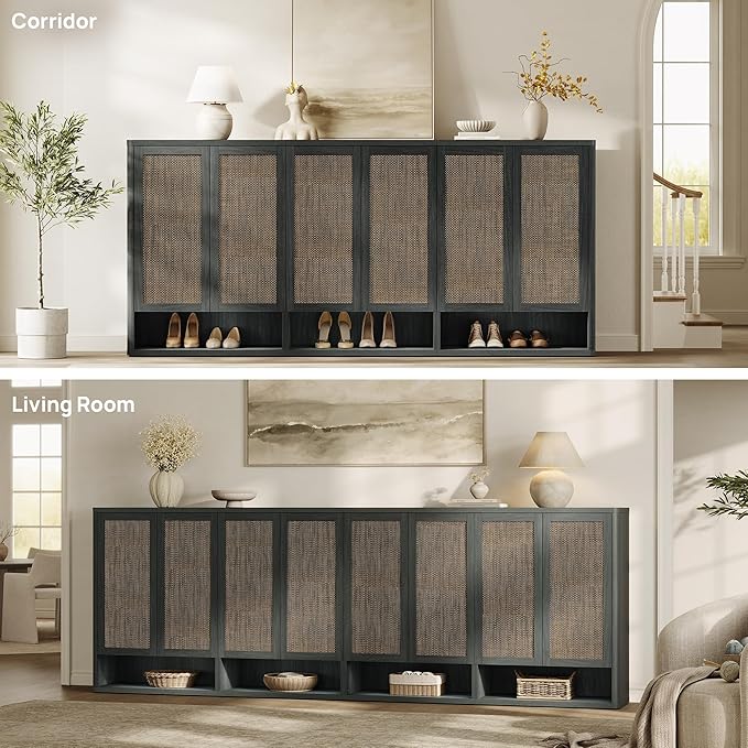 SICOTAS Rattan Shoe Storage Cabinet - Modular Shoe Cabinets with Door Tall Large Shoe Cabinet Storage for Entryway - 96.8" Wide Modular Cabinet for Hallway, Living Room