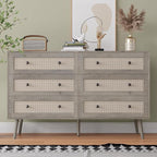 Rattan Dresser for Bedroom, Grey 6 Drawer Dressers & Chest of Drawers, Boho Dresser with Handles Wood Chests Storage Organizer Farmhouse Dressers for Closet, Hallway, Office