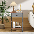 VECELO End Tables, Modern Nightstand with Fabric Drawer & Open Shelf, Night Stand for Bedroom Living Room, Industrial Metal Frame, Easy Assembly, Retro Brown,2 Pack