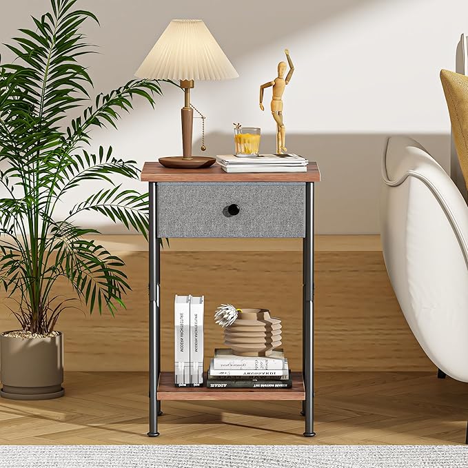 VECELO End Tables, Modern Nightstand with Fabric Drawer & Open Shelf, Night Stand for Bedroom Living Room, Industrial Metal Frame, Easy Assembly, Retro Brown,2 Pack