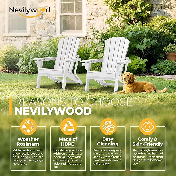 nevilywood Folding Adirondack Chair with Cup Holder Set of 4, HDPE Patio Chairs,All-Weather Outdoor Chairs for Backyard, Deck,Fire Pit-White