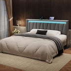 SHA CERLIN King Size Bed Frame with Charging Station and LED Lights, Modern Velvet Platform Bed with Upholstered Geometric Wingback Headboard, No Box Spring Needed, Easy Assembly, Grey