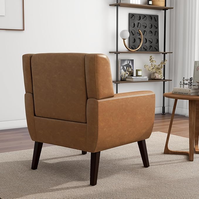 Accent Chair, Mid-Century Modern PU Leather Chairs with Arms for Living Room, Comfy Upholstered Club Single Sofa Armchair for Bedroom Waiting Room with Solid Wood Frame（Leather Brown, Set of 2)