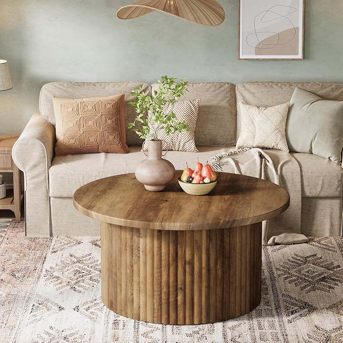 Tribesigns 31.5" Round Coffee Table, Farmhouse Circle Center Table with Sturdy Metal Base, Modern Accent Sofa Side Table for Living Room, Wooden Grain Veneer Top