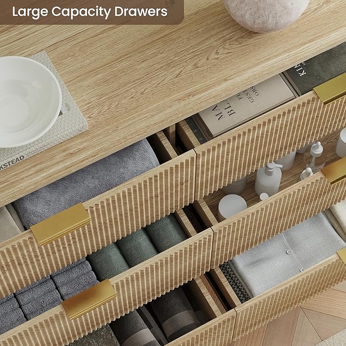 Fluted Dresser for Bedroom,49.6'' Modern Wooden Dresser with 6 Drawers, Bedroom Dressers, Natural Wood Chest of Drawers for Living Room, Hallway (Oak)