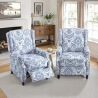 Pushback Recliner Chair Set of 2, Floral Fabric Wingback Recliner Chair, Upholstered Armchair Push Back Recliner, Rivet Trim Single Sofa Accent Chair with Wood Legs for Living Room, Navy