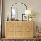 win2win 9 Drawer Dresser, Mid Century Modern Dresser with Storage, 55" Wide Fluted Chest of Drawers with Faux Marble Top, Dressers TV Stand, Drawers Organizer for Bedroom, Living Room, Hallway Oak