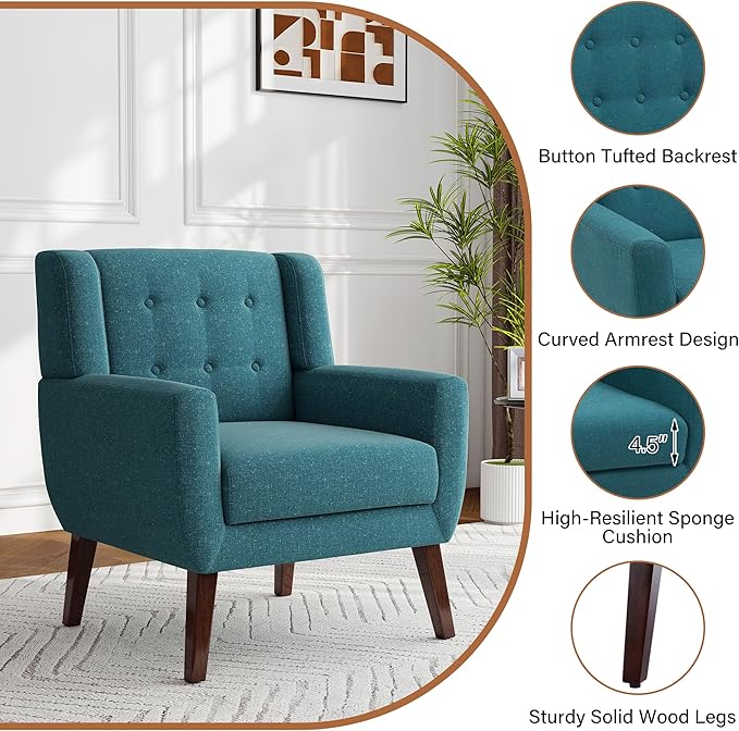 Accent Chair, Modern Fabric Armchair for Living Room, Comfy Upholstered Arm Chair Tufted for Indoor Bedroom Office Room (Light Blue)