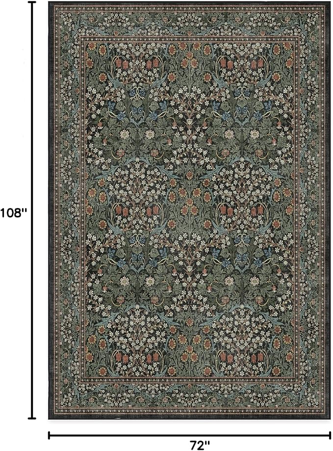 RUGGABLE x Morris & Co Washable Area Rug– Blackthorn Forest Green 6x9, Stain-Resistant, Non-Slip – Medium Machine Washable Rugs for Living Room, Bedroom, Hallway, Entryway & Office–with Cushioned Pad