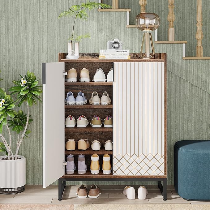 Tribesigns Modern Shoe Cabinet for Entryway, 25 Pairs Shoe Cabinet with Doors, Wood 5-Tier Shoe Organizer, Freestanding Brown Shoe Storage Cabinets with Black Metal Frame for Bedroom Living Room