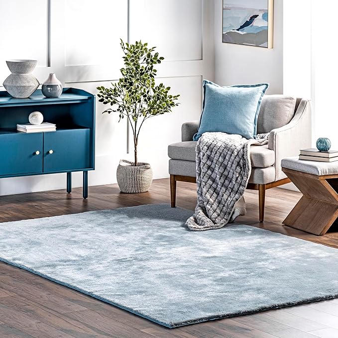 nuLOOM 6' Square Cozy Plush Area Rug, Machine Washable, Non-Slip, Soft Fluffy Shag Carpet for Living Room Bedroom Kids Room Nursery Home Decor, Loni Light Blue