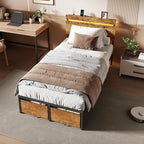 Forestell Twin Bed Frames with Wood Headboard, Metal Platform Bed with 2 Storage Drawers & Shelf, Built in Charging Station & LED Lights, No Box Spring Needed, Vintage Brown, Camas Twin Size