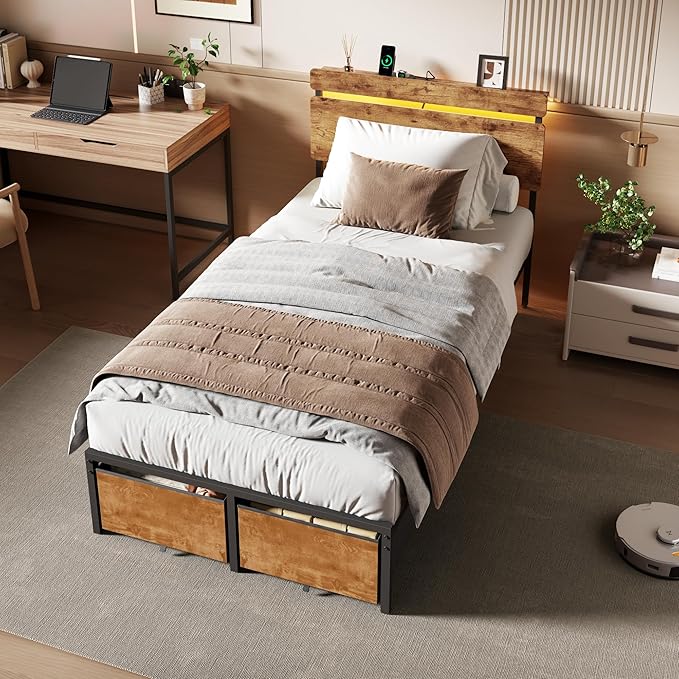 Forestell Twin Bed Frames with Wood Headboard, Metal Platform Bed with 2 Storage Drawers & Shelf, Built in Charging Station & LED Lights, No Box Spring Needed, Vintage Brown, Camas Twin Size