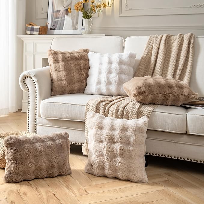 Pack of 2 Thick Plush Throw Pillow Covers Fluffy Wave Faux Fur Decorative Cushion Covers Soft Wool Pillowcase for Sofa Couch Livingroom 18x18 Inch White