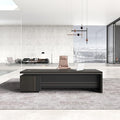 Reversible L Shaped Executive Desk with Lockable Drawers, Power Box & Cable Management, Dual-Tone Modern Wood Office Desk with Storage Cabinets & Privacy Panel for Home Office