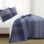 Lush Decor Hygge Geo Pattern Striped 3 Piece Quilt Bedding Set, Full/Queen, Navy
