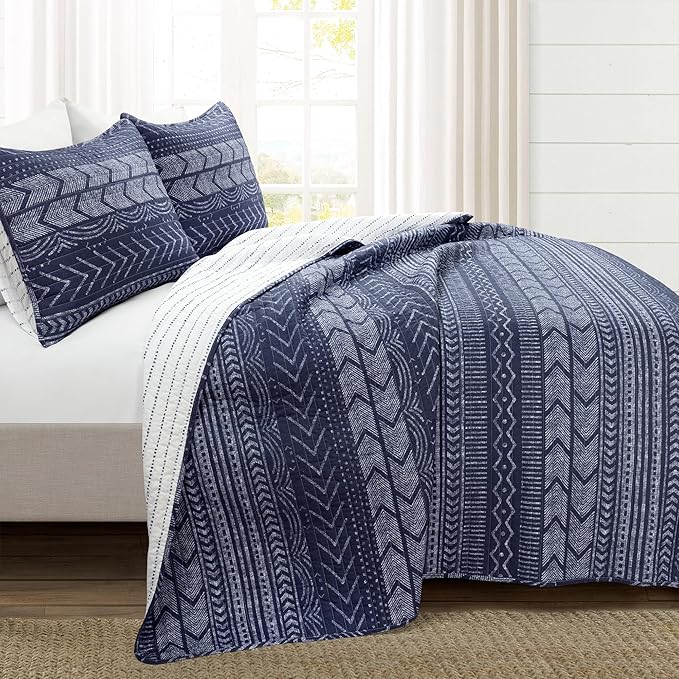 Lush Decor Hygge Geo Pattern Striped 3 Piece Quilt Bedding Set, Full/Queen, Navy