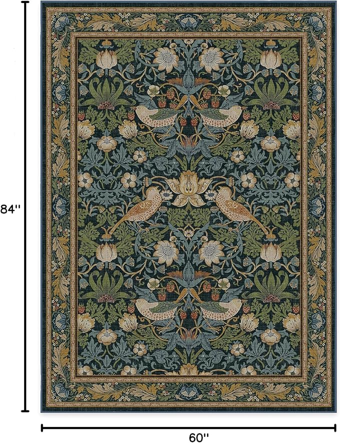 RUGGABLE x Morris & Co Washable Area Rug– Strawberry Thief Indigo 5x7, Stain-Resistant, Non-Slip – Medium Machine Washable Rugs for Living Room, Bedroom, Hallway, Entryway & Office–with Cushioned Pad