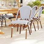 Martha Stewart Lily Pond Indoor-Outdoor Stackable Aluminum Bistro Chair with Natural Woodgrain Frame Finish and White/Navy Woven Rattan Backrest and Seat