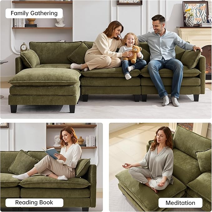 108" Modern L-Shaped Sectional Sofa with USB & Type-c Port Charger, Modular Cloud Couch, Deep Seating Chenille Fabric 4-Seater with Ottoman and Pillows for Living Room (Green)
