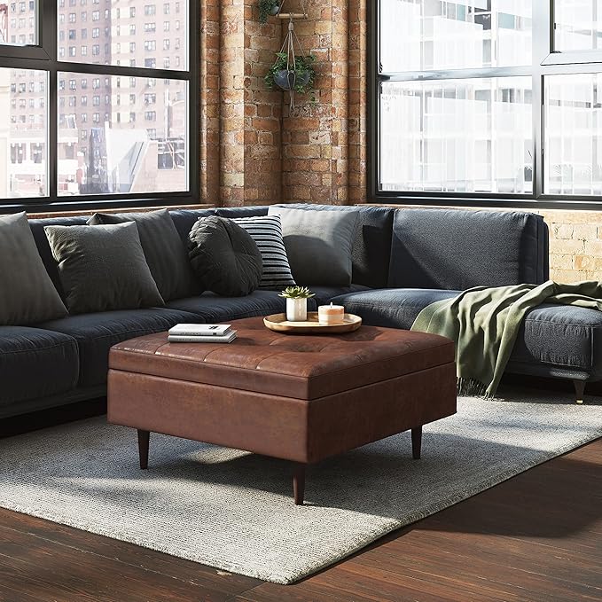 SIMPLIHOME Shay 38 inch Wide Mid Century Modern Large Square Coffee Table Storage Ottoman in Distressed Saddle Brown Vegan Faux Leather, Assembled, For the Living Room, Entryway and Family Room