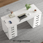 WOPITUES 60" Modern Home Office Desk with 10 Wooden Drawers, Computer Writing Desk with Power Outlets, Large Executive Desk with Storage Cabinet for Work Study Writing Craft, Pure White