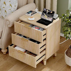Lulive Wood 3 Drawers Dresser Fluted Night Stand with Charging Station, Storage Nightstand Modern Side Table, Bedside Table for Bedroom, Entryway Natural