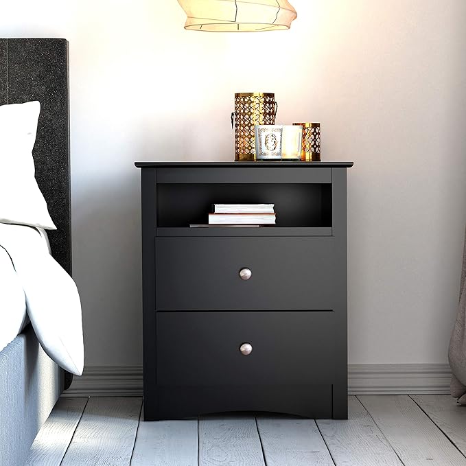 Prepac Sonoma 2 Drawer Nightstand: Elegant Bedroom Furniture, Bedside Table with Open Shelf, 23.25"W x 16"D x 28"H, Black