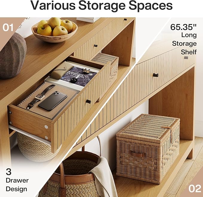 Tribesigns 70.9 inch Console Table with 3 Drawers, Extra Long Entryway Table, Wood Sofa Table Oak Furniture with Open Storage Shelves Wooden Couch Table Foyer Tables for Living Room Hallway Entrance
