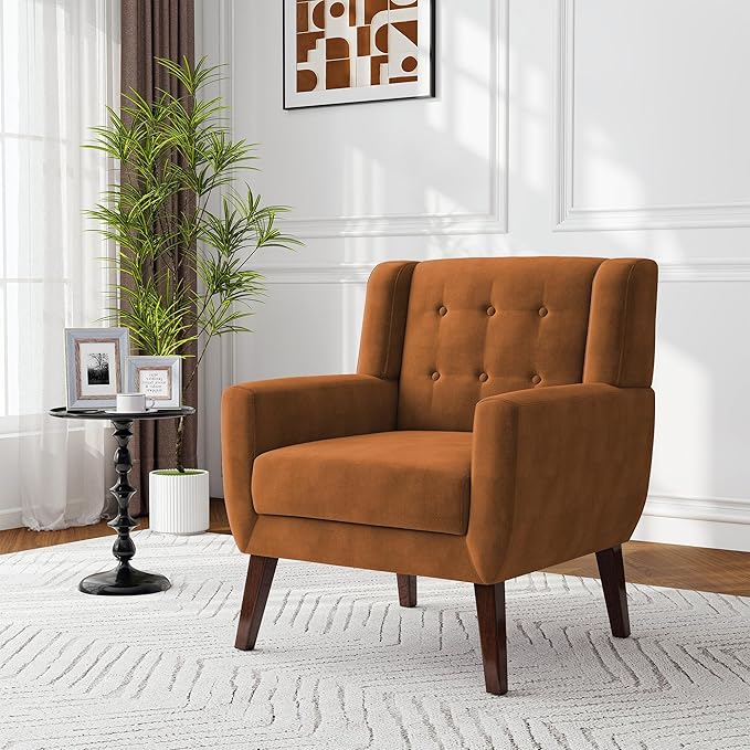 Lumibee Accent Chair, Modern Velevet Armchair for Living Room, Comfy Upholstered Arm Chair Tufted for Indoor Bedroom Office Room (Orange Velvet)