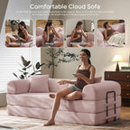79" Convertible Sofa Bed with Fixed-Shape Frame & Removable Armrests, Modular Corduroy Sleeper Sofa, Folding Mattress Couch for Small Spaces - No Assembly Needed in Pink (Includes 2 Pillows)