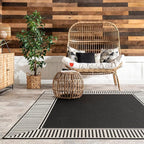 nuLOOM 5' x 8' Outdoor Area Rug, Casual Design With Striped Border, Stain Resistant, Highly Durable, For Patio, Balcony, Bedroom, Living Room, Dining Room, Bathroom, Black