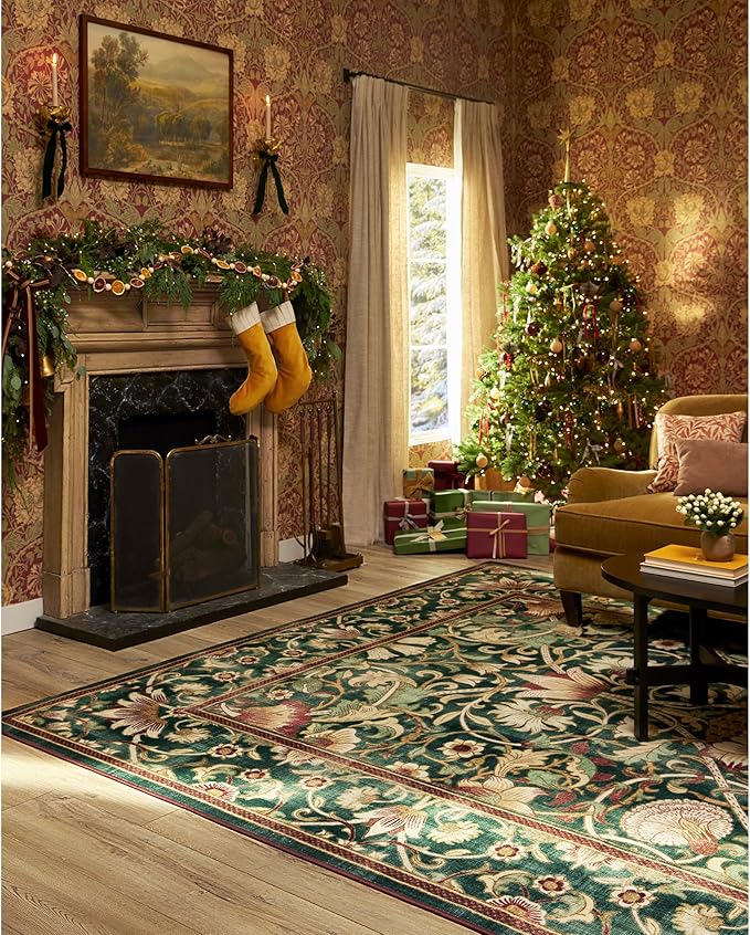RUGGABLE x Morris & Co Machine Washable Area Rug – Lodden Soft Evergreen & Gold 9x12, Stain-Resistant, Non-Slip – Large Rugs for Living Room, Bedroom, Hallway, Entryway & Office–with Standard Pad
