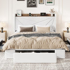 SHA CERLIN Queen Bed Frame with 3 Drawers, USB & Type-C Charging Ports, Velvet Upholstered Platform Bed with Modern Geometric Wingback Storage Headboard, No Box Spring Needed, Easy Assembly, White