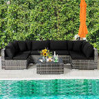Tangkula 7 Pieces Patio Rattan Furniture Set, Patiojoy Outdoor Conversation Set with Cushions and Tempered Glass Coffee Table, All-Weather Sectional Sofa Set for Garden, Lawn, Backyard (Black)