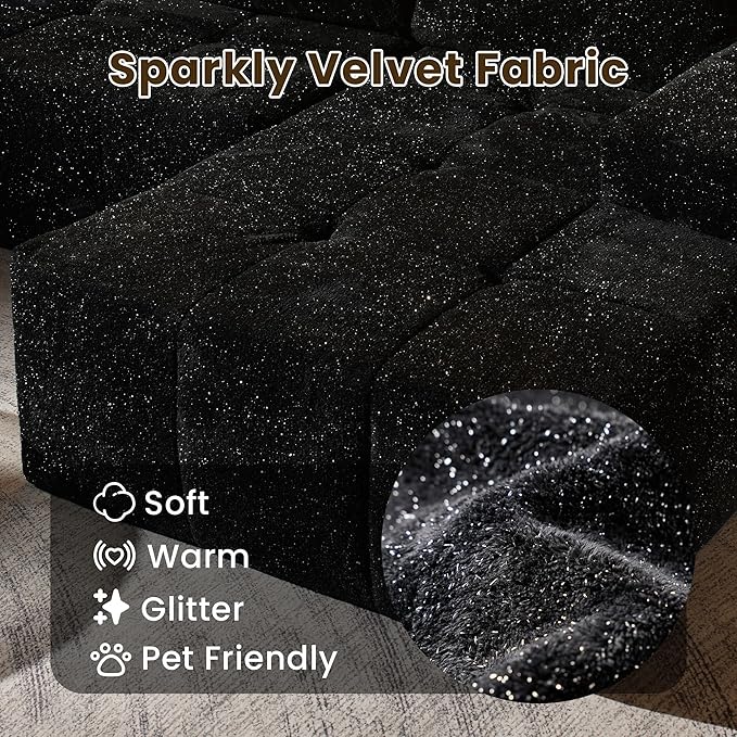 114" Glitter Cloud Sectional Couch with L-Shape Chaise & Ottoman, Modern Boneless Couches for Living Room, Fluffy Tufted Deep Seat Modular Sofa No Assembly (Black Sparkly Velvet,Right Facing)