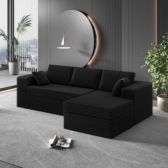 108-inch Boneless Couch for Living Room，Comfy Boneless Sofa with Deep Seats & Chaise Lounge, 3-Seat Modular Sofa Memory Foam Sectional Couches - No Assembly Required(Dark Black)