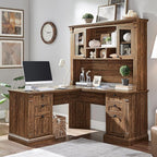 OKD 60" L Shaped Executive Desk with Hutch and Drawers, Farmhouse Home Office Desk with Charging Station, File Cabinet Storage, Wood Corner Computer Desk for Work and Study, Reclaimed Barnwood