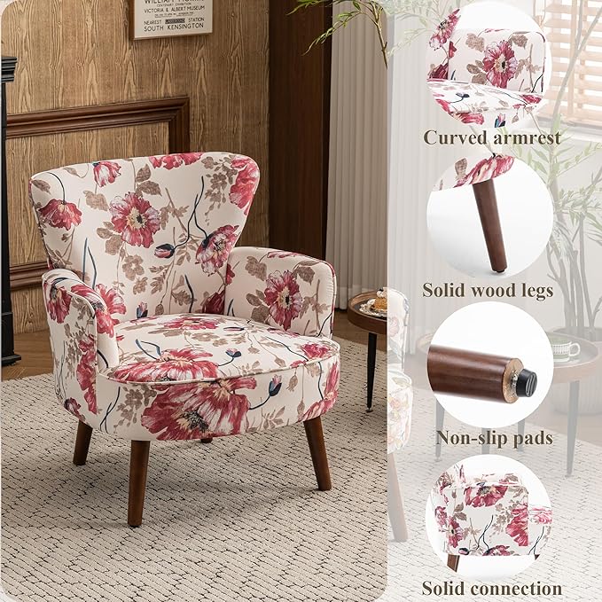 Floral Accent Chair Set of 2, Upholstered Living Room Chairs with Solid Wood Legs, Mid Century Modern Velvet High Back Armchair for Bedroom, Living Room, Pink