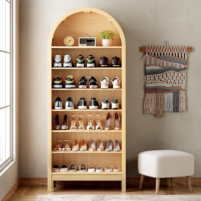 70" Tall Arched Shoe Cabinet, 7-Tier Shoe Rack with 3 Adjustable Shelves, Large Freestanding Shoe Organizer for Entryway, Closet, Hallway, Living Room (Natural Oak)