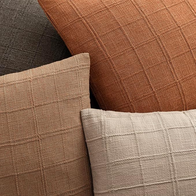 Foindtower Set of 2 Decorative Linen Check Throw Pillow Covers Neutral Farmhouse Vintage Cushion Covers Modern Boho Home Decor for Sofa Chair Couch Bedroom Living Room,18×18 Inch,Orange