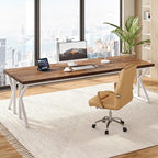 LITTLE TREE 78.7 Inch Large Executive Desk, Modern Computer Office Desk, Wooden Writing Desk Study Table for Home Office, Rustic Brown-White