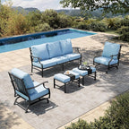 HERA'S HOUSE 5 Pieces Patio Furniture Set, 2 x Cushioned Rocking Chair, 2 x Ottoman, 1 x 3-Seat Sofa, All Cushioned 7 Seats Outdoor Conversation Set for Lawn Garden Backyard, Blue