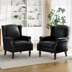 Pia Ricco Set of 2 Faux Leather Accent Chairs, High Back Wingback Armchairs with Retro Floral Design, Nailhead Trim & Solid Wood Legs for Living Room Bedroom (Black)