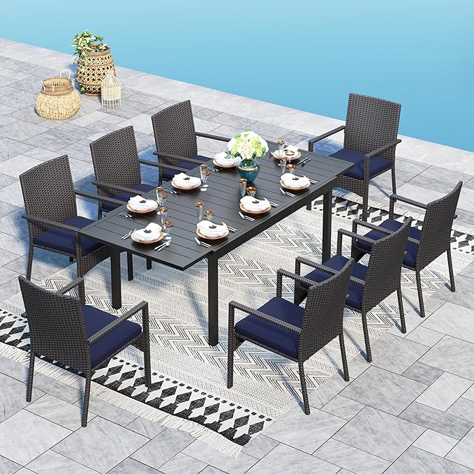 Sophia & William 9 Pieces Expandable Patio Dining Set, Extendable Rectangular Patio Table and Chairs Set for 8, Metal Outdoor Table and Rattan Chairs, All Weather Outdoor Dining Set